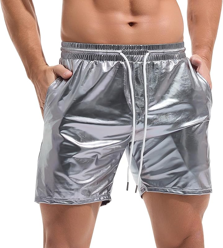 AMY COULEE Mens Metallic Shorts 5" Shiny Holographic Disco Shorts Outfit Sparkly Rave Hot Drawstring Shorts - TrendyLookz