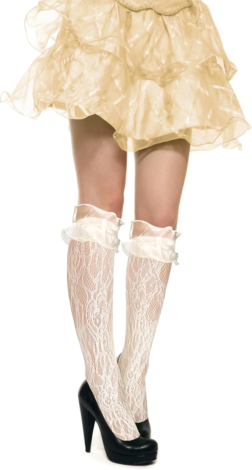 Benefeet Sox Fishnet Knee High Socks with Ruffles for Women Girls Kawaii Cute Fancy Frilly Lace Knee High Stockings with Bow