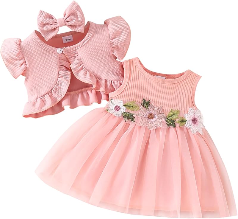IDOPIP Baby Girls Tutu Dress Cardigan Headband 3 Pieces Elegant Embroidery Outfit Princess Baptism Ball Gown Pageant Dress