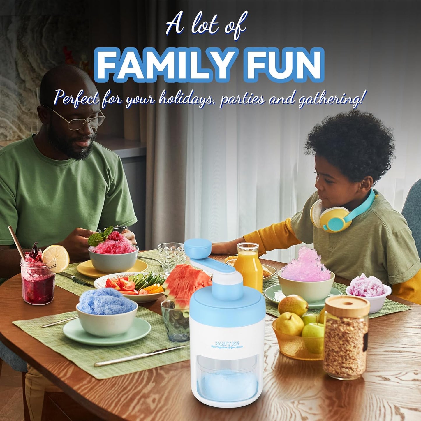 Manual Shaved Ice Maker Machine, Ice Shaver Machine, Snow Cone Maker Machine, Portable Ice Crusher, 10 Cups 10 Spoon Straws & Recipes Included (Blue)
