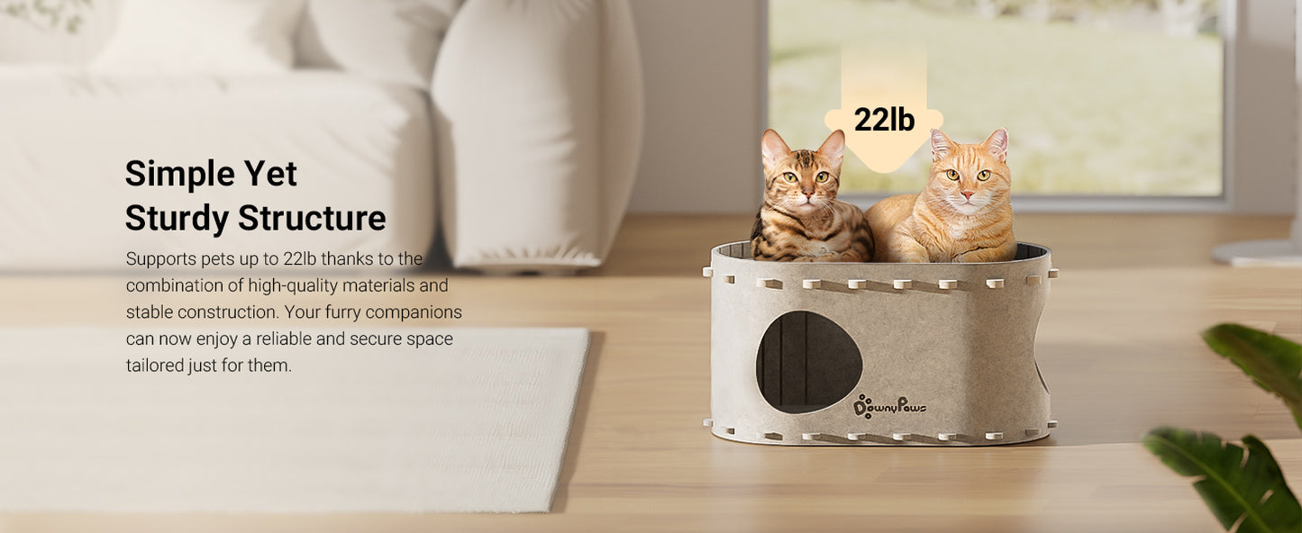 DownyPaws Cat House for Indoor Cats, Cat Bed Cave for Multiple & Large Cats Up to 22 Lbs, Scratch Resistant Peekaboo Cat Caves, Foldable Cat Tunnel Enclosed Bed, PeekaPurr, Cream