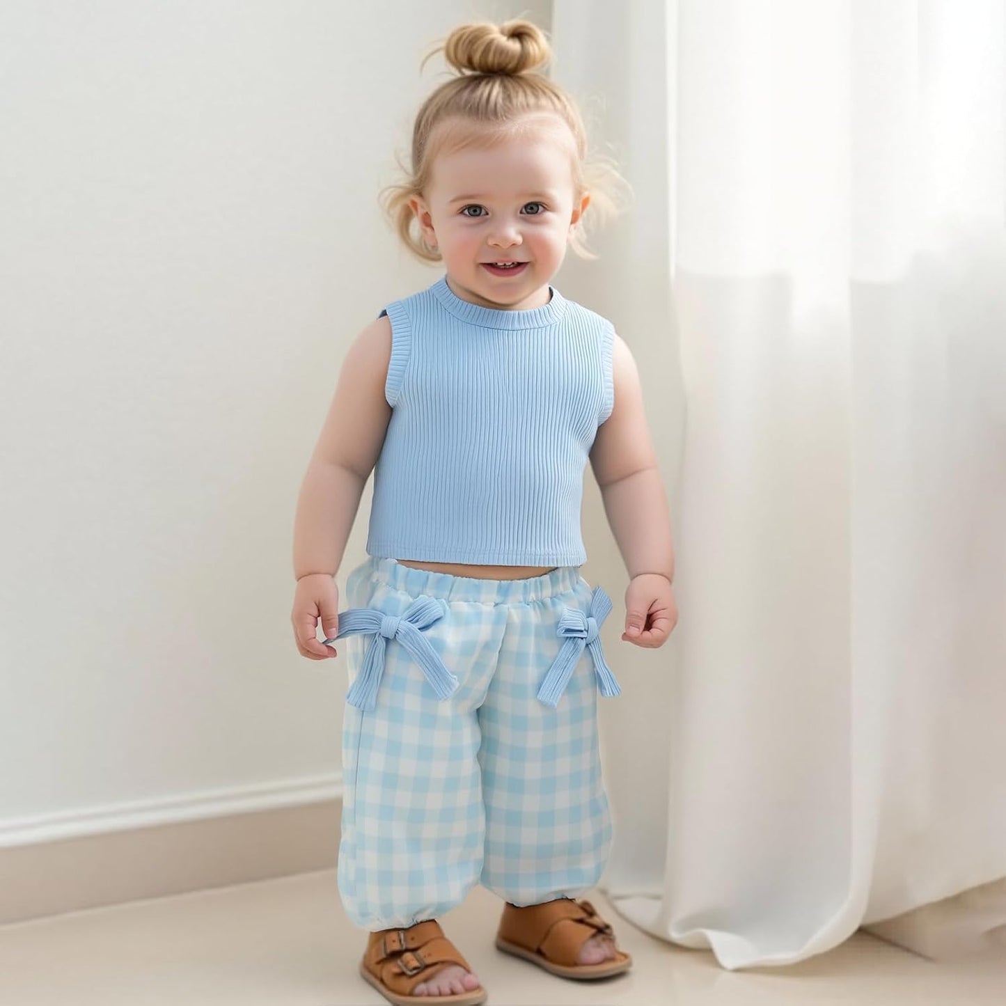 Kaipiclos Toddler Baby Girl Clothes Ribbed Knit Sleeveless Tank Top & Bow Plaid Pants 2 Piece Spring Summer Outfit Set 12M-5T