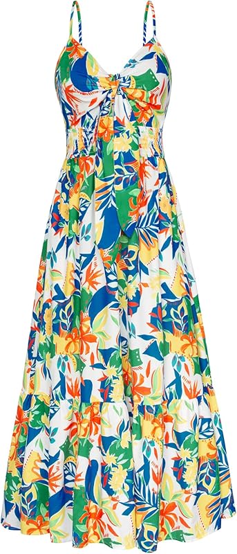 GRACE KARIN Women's 2025 Summer Maxi Dress Floral Tie Front Spaghetti Strap Casual Boho Beach Flowy Sundress with Pockets