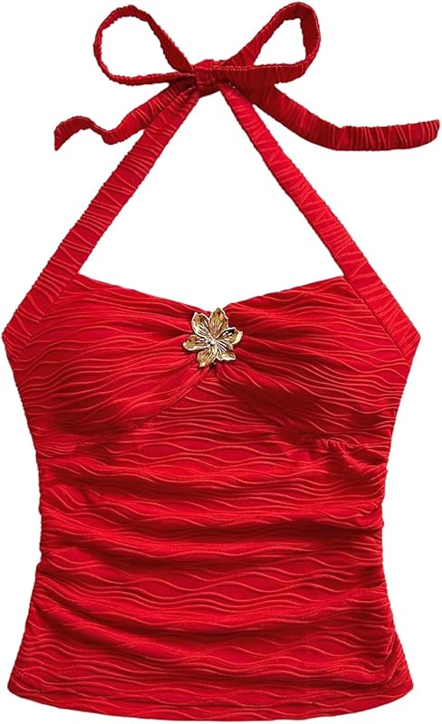 SOLY HUX Women's V Neck Halter Tops Open Back Y2k Ruched Floral Metal Summer Going Out Cami Tops