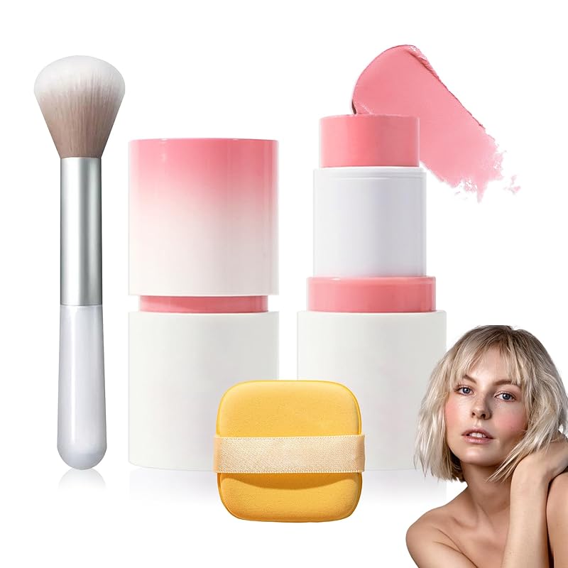 Cream Blush Stick with Brush,Waterproof Multi Cream Makeup Stick,Lightweight,Long-lasting,2 in 1 Multi Blush for Cheeks & Lip Tint & Eyeshadow Makeup(#01 Milk Tea Pink)