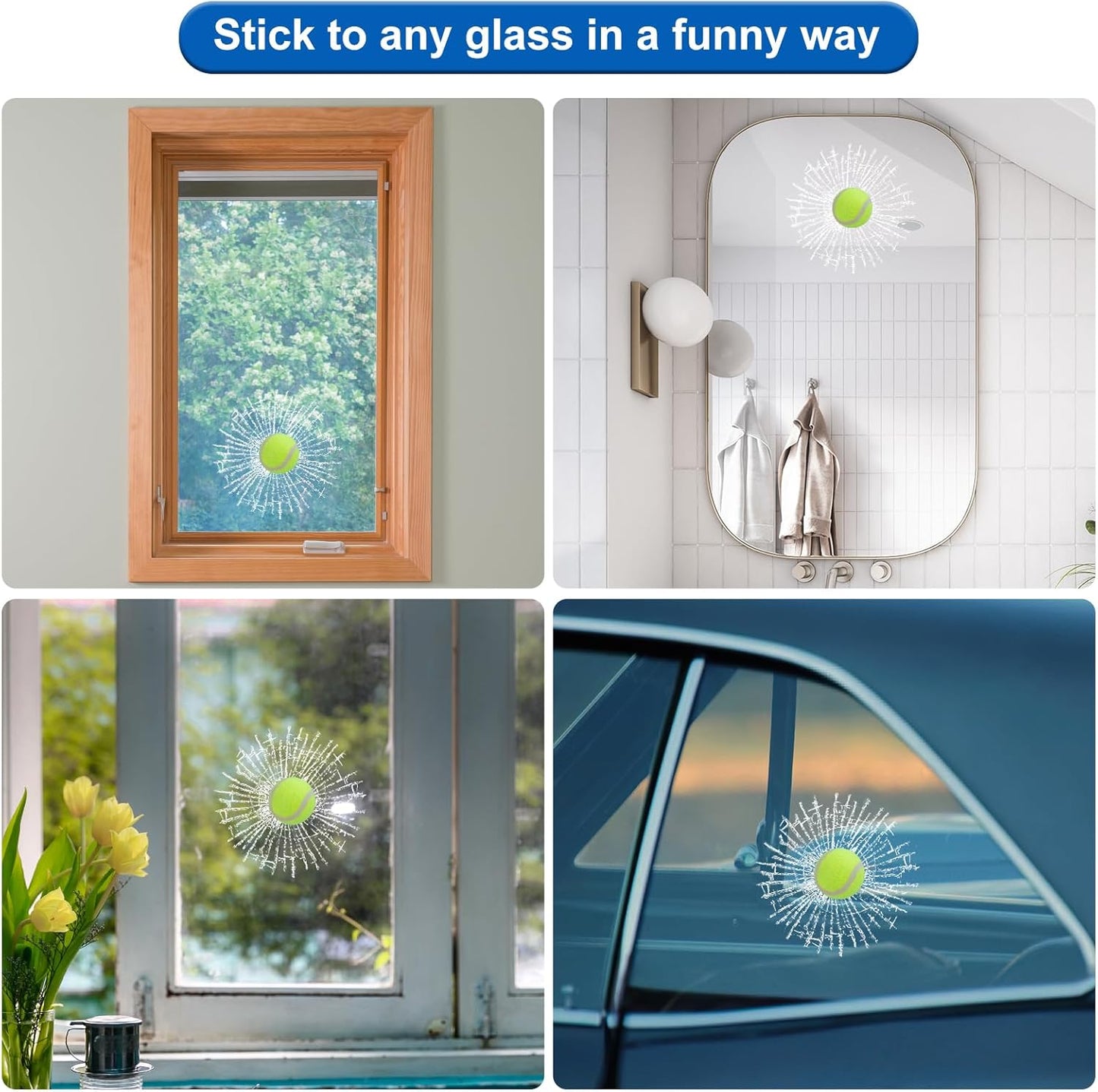 3D Prank Tricky Broken Glass Sticker Car Window Ball Hits Self Adhesive Funny Car Stickers (Tennis)