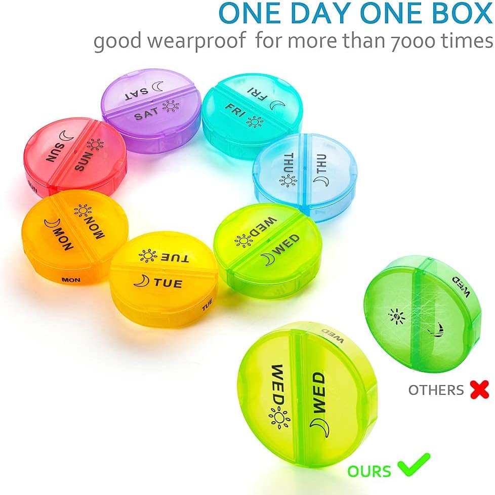Yaklim Weekly Pill Organizer 2 Times a Day,AM PM Large Daily Pill Box with PU Leather Case for Travel,Round Medicine Organizer,7 Day Pill Container for Vitamin Fish Oils Supplement