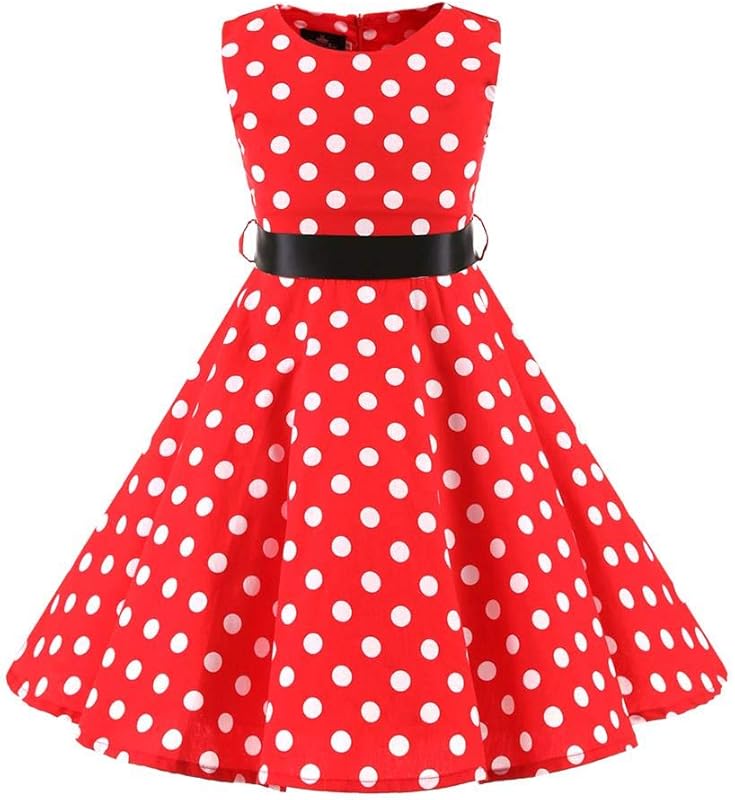Kids Girls 50s Audrey Vintage Polka Dot Swing Party Rockabilly Dress Retro Peter Pan Doll Collar Wedding Casual Skater Dress