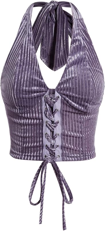 Verdusa Women's Going Out Halter Corset Tops Sleeveless Lace Up Open Back Crop Top