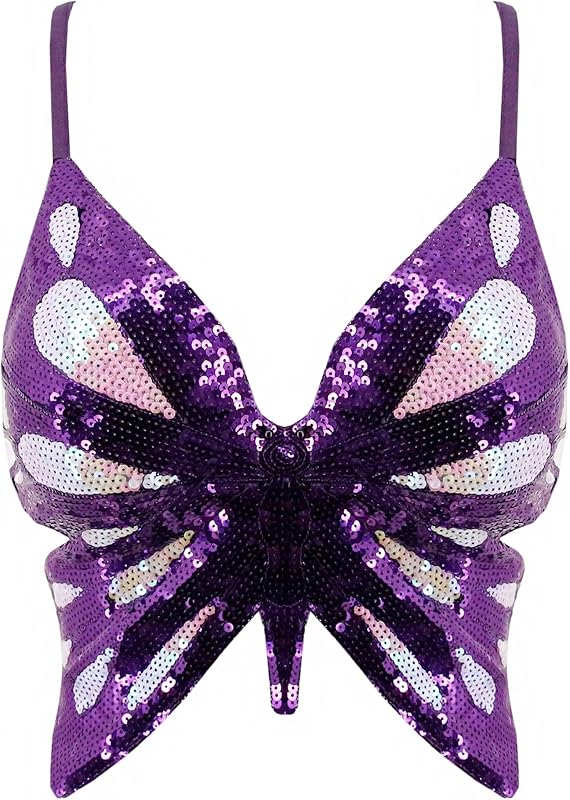 Mocure Womens Glitter Sequin Butterfly Crop Top Low-Cut Tank Top Rave Tube Vest Top for Belly Dance Costume Outfits