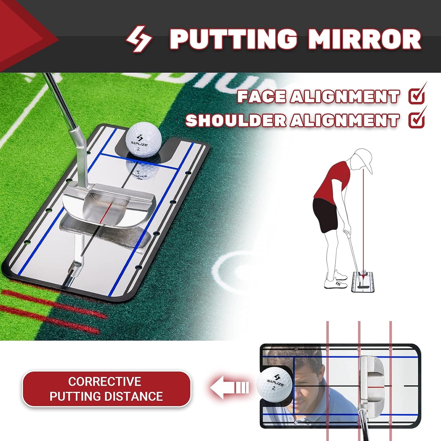 SAPLIZE Two-Speed Golf Practice Mat with Alignment Mirror, 20 in X 10 ft Training Aid Mat, Anti-Slip Backing Golf Putting Green for Indoor/Outdoor