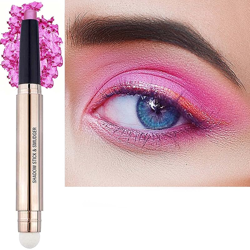 2 in 1 eyeshadow stick and Sponge Makeup Brush, Smooth Cream Shimmer Shadow Pencil Long Lasting Waterproof Eye Shadow Highlighter Stick Makeup , Hypoallergenic Highlighter Multi-Dimensional eyes Look