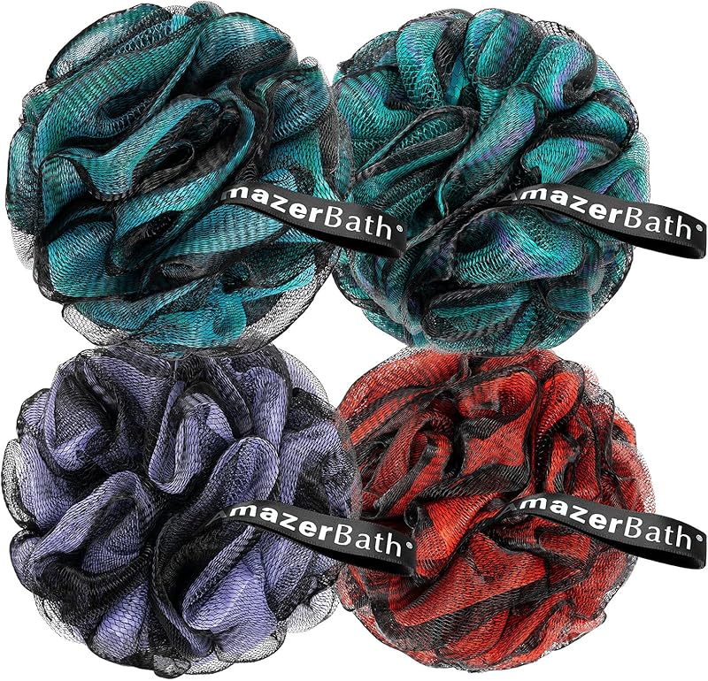AmazerBath Charcoal Loofah Sponge, Shower Loofah 60g/PCS - Body Scrubber Loofa Set of 4 - Charcoal Blue, Gray, Pink & Army Green, Bath Sponge for Men and Women