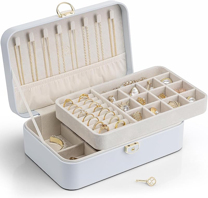 Vlando Jewelry Box Organizer for Women Girls, 2 Layer Jewelry Case with Lock,Jewelry Storage Earrings Necklace,Rings,Gift for Teachers Wedding Birthday Gifts-Cream White