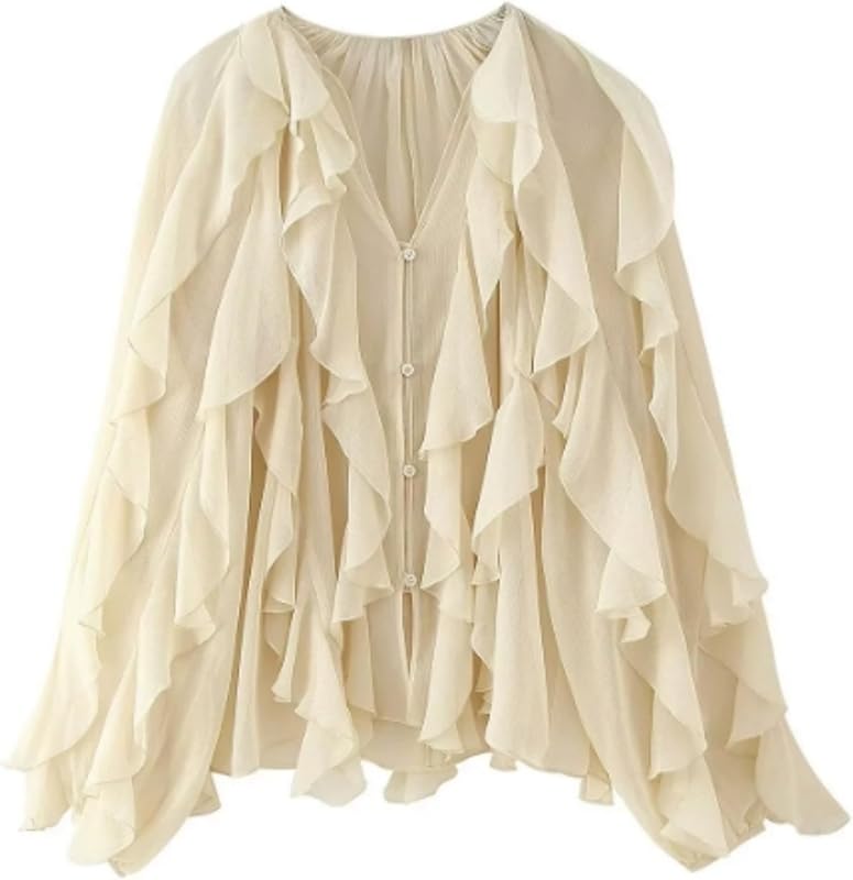 HangNiFang Ruffled Multi-Layered Summer Blouse for Women Trendy Semi See Through V-Neck Long Sleeve Button Chiffon Shirt Tops