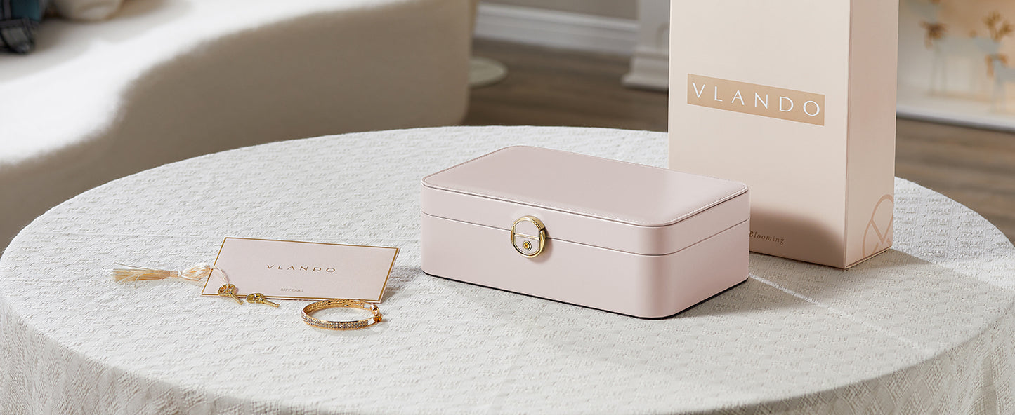Vlando Jewelry Box Organizer for Women Girls, 2 Layer Jewelry Case with Lock,Jewelry Storage Earrings Necklace,Rings,Gift for Teachers Wedding Birthday Gifts-Cream White