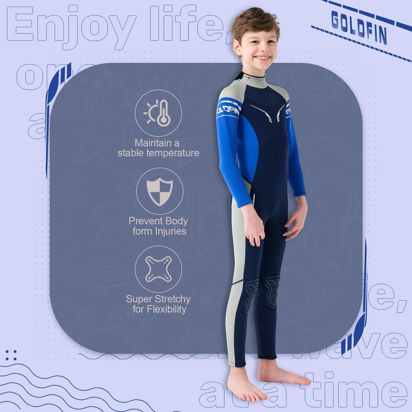 Goldfin Kids Wetsuit, Boys Girls 3mm Wet Suits Youth Toddler Neoprene Back Zip Keep Warm for Cold Water Swimming Diving Snorkeling Surfing Paddleboarding