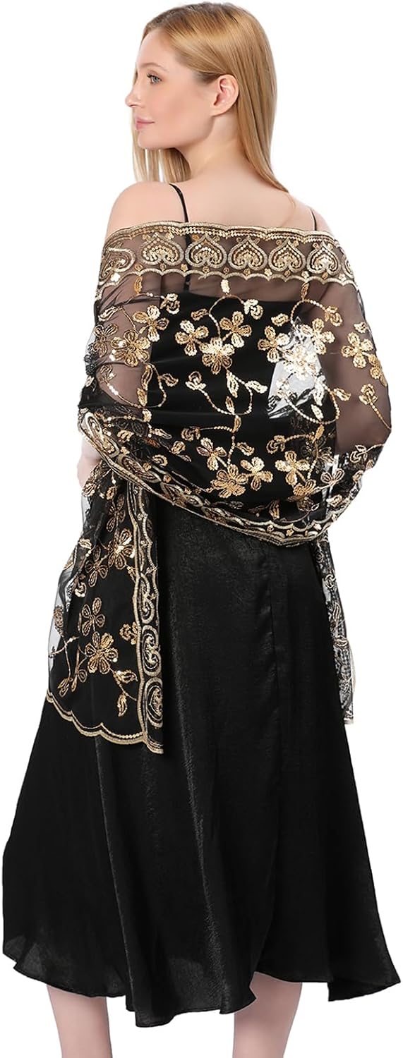 Shawls and Wraps for Evening Dresses,Women Formal 1920s Sequin Flower Sheer Shawls and Wraps for Wedding-