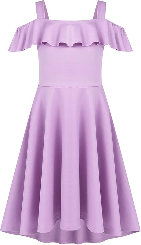 Arshiner Girls Summer Dress Off Shoulder Children's Dress Ruffle Sleeves Elegant Strap Dress Children A Line Swing Dress High Low Dress Casual Dresses with Pocket 4-13Years