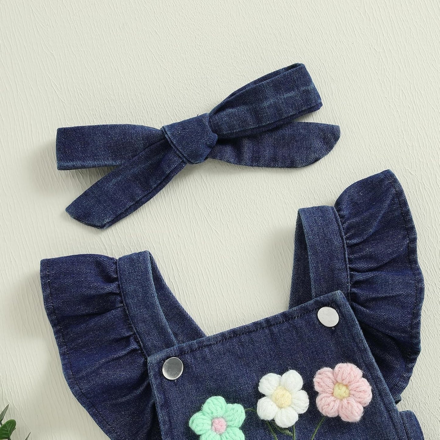 Newborn Baby Girl Romper Ruffle Fly Sleeve 3D Flower Embroidery Denim Jeans Bodysuit Heandband Summer Outfit Clothes