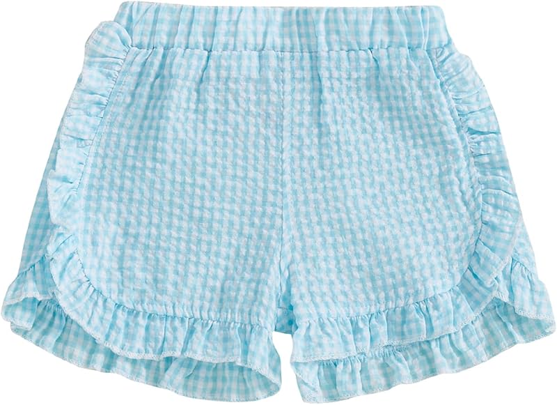 Karuedoo Toddler Baby Girl Shorts Casual Summer Gingham Plaid/Seersucker Elastic Waist Ruffle Hem Shorts Bottoms