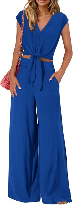PRETTYGARDEN Women's Summer 2 Piece Outfits 2025 Cap Sleeve V Neck Belted Crop Tops Wide Leg Pant Sets Casual Tracksuit