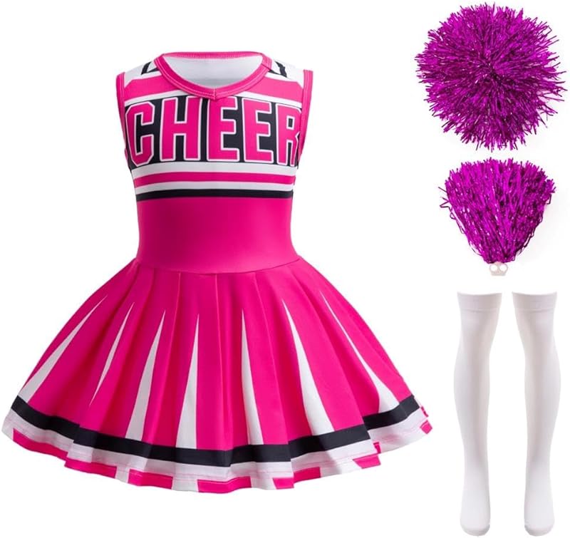 Dressy Daisy Girls Cheerleader Cheerleading Halloween Cheer Costume Dress Up Outfit Uniform with Poms Poms and Socks