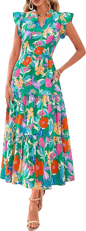 PRETTYGARDEN Women's 2025 Summer Floral Midi Dress Cap Sleeve V Neck Ruffle Long Flowy Boho Casual Beach Vacation Dresses
