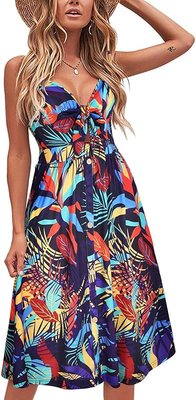 VOTEPRETTY Womens Summer Dresses Tie Front Beach Dress Spaghetti Strap Sundress with Pockets for Party Vacation