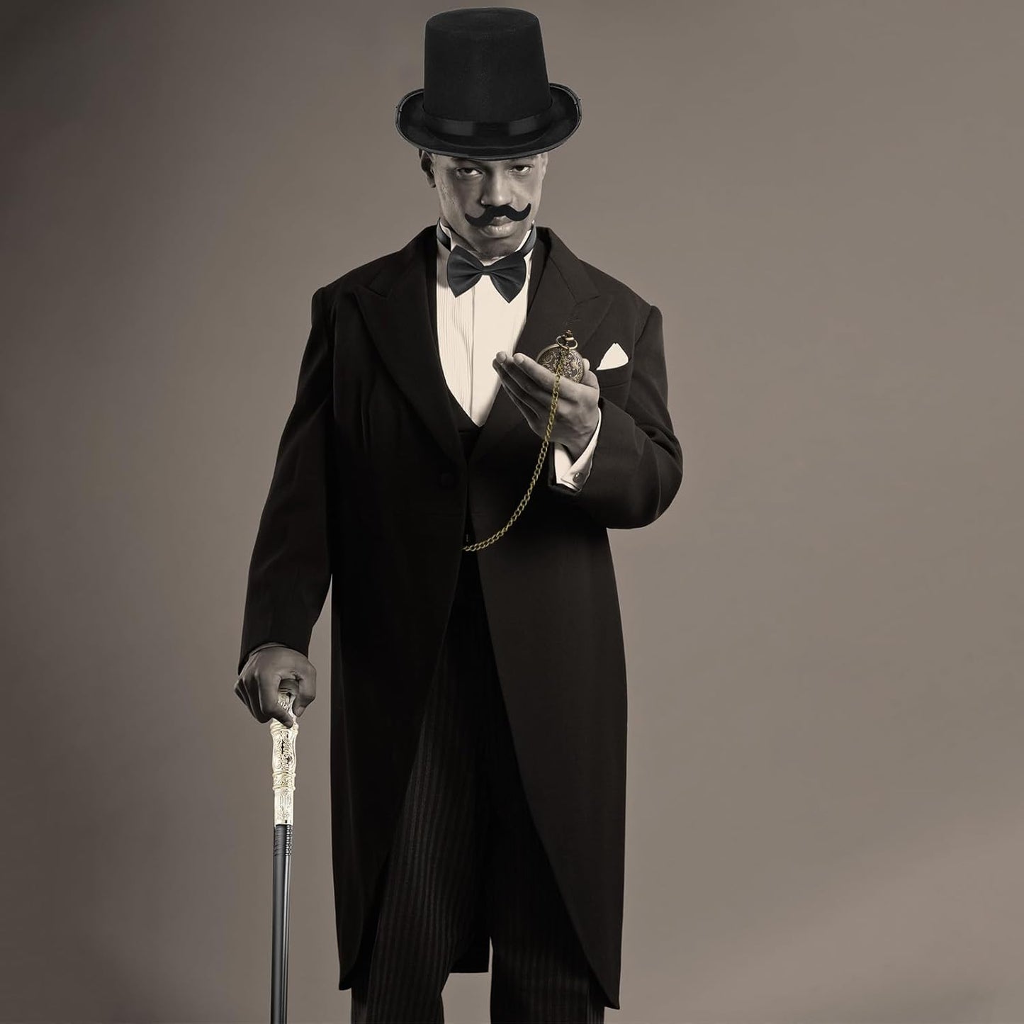 Jadive 6 Pcs 1920s Men Accessories Gentleman Costume Hat Round Head Scepter Magnifying Glass Necklace Bow Tie Gloves Beard
