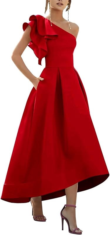 One Shoulder Satin Mother of Bride Dresses 2025 High-Low Ruffle Formal Evening Party Gowns