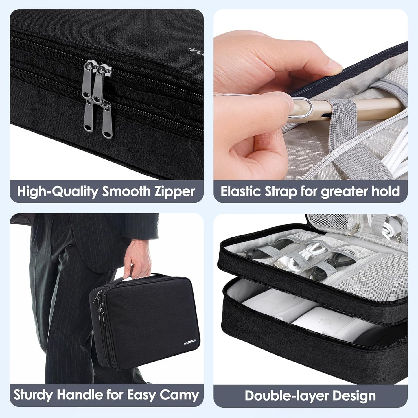 LENTION Cable Electronics Organizer Bag Pouch, Travel Accessories Carry Case Waterproof Double Layers All-in-One Storage Bag Carrying for Cord, Charger, Power Bank, Earphone Black