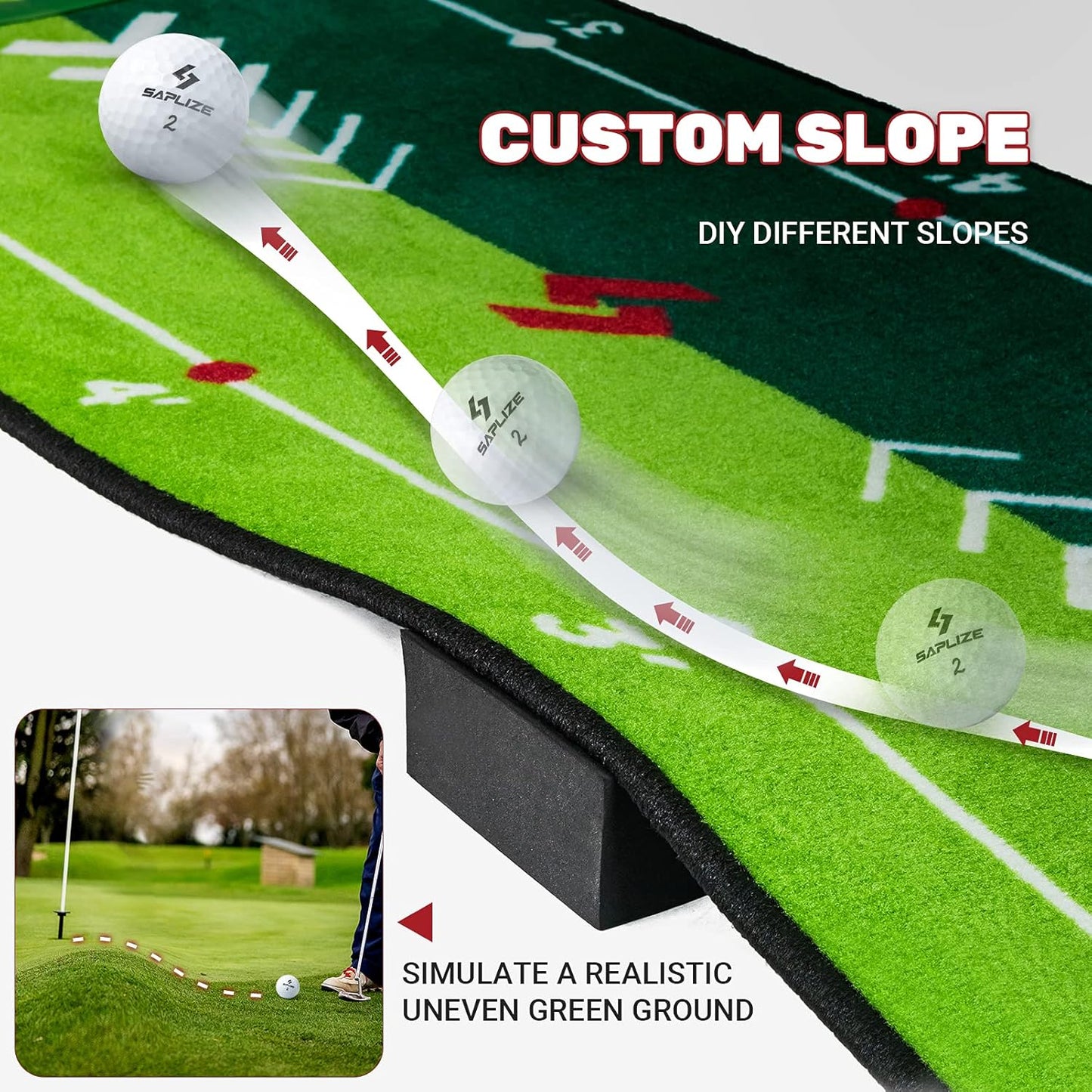 SAPLIZE Two-Speed Golf Practice Mat with Alignment Mirror, 20 in X 10 ft Training Aid Mat, Anti-Slip Backing Golf Putting Green for Indoor/Outdoor