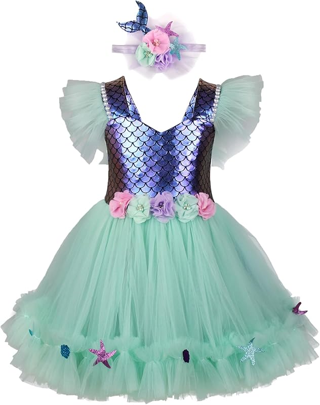 Kids Girls Mermaid Tutu Dress Outfit Fly Sleeve Tulle Patchwork A-line Dress with Headband