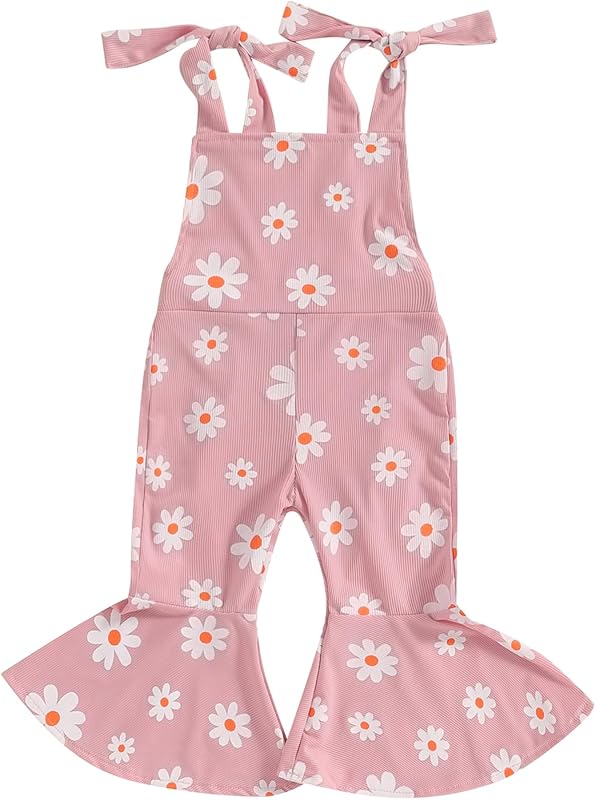 Emmababy Baby Girl Bell Bottoms Romper Toddler Floral Overalls Suspender Flare Pants Sleeveless Strap Jumpsuit Fall Clothes
