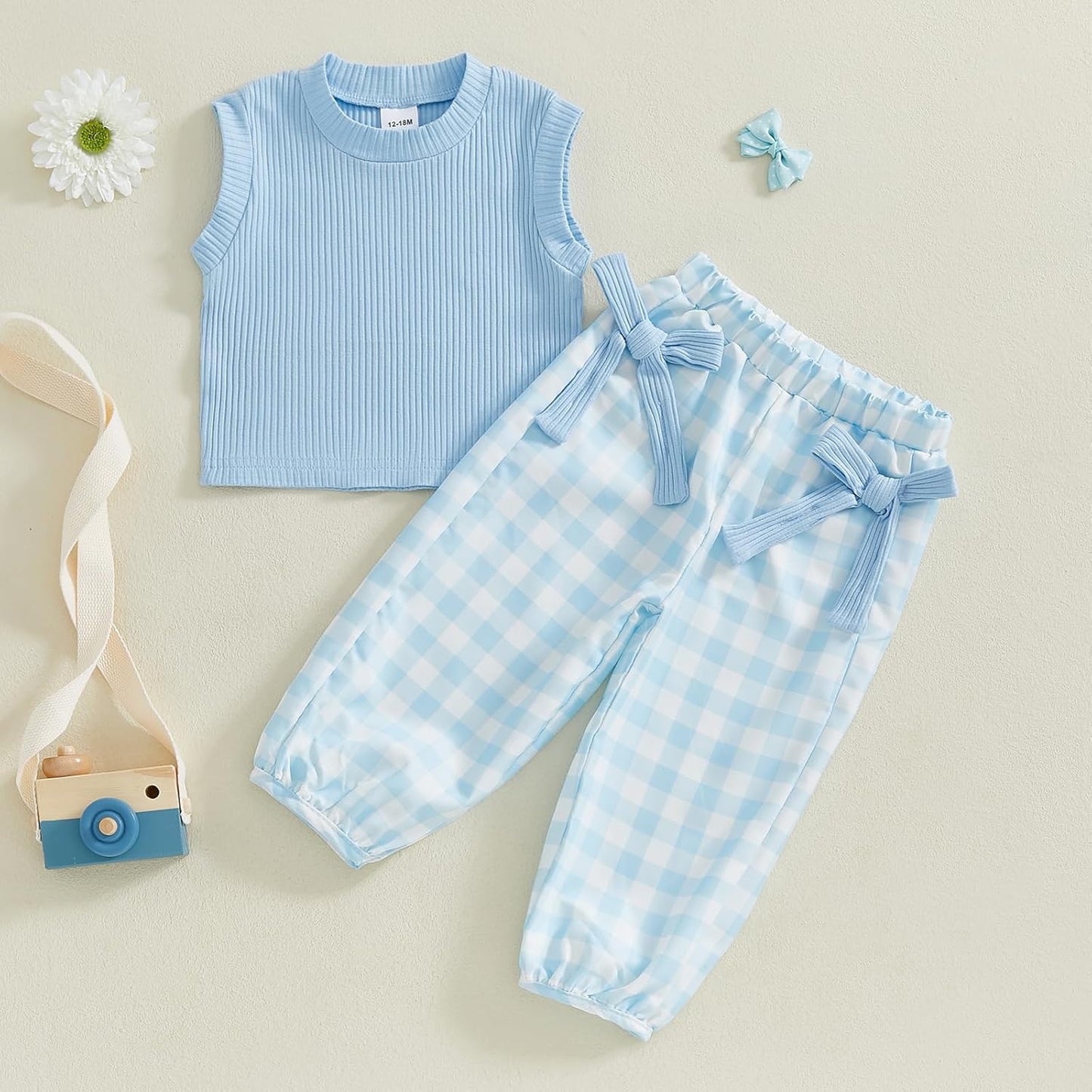 Kaipiclos Toddler Baby Girl Clothes Ribbed Knit Sleeveless Tank Top & Bow Plaid Pants 2 Piece Spring Summer Outfit Set 12M-5T