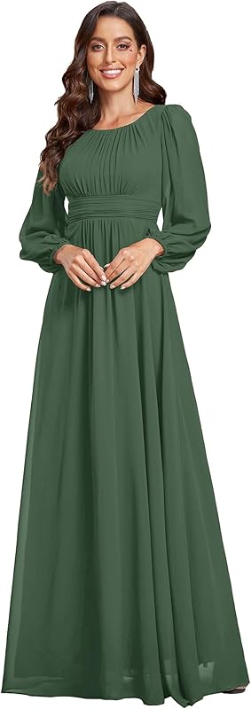 Ever-Pretty Women's Crewneck Long Lantern Sleeves Floor Length A-Line Pleated Chiffon Formal Dress 0106B