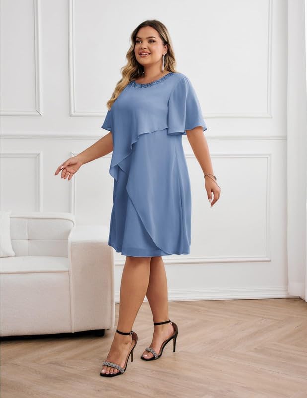 Hanna Nikole Plus Size Mother of The Bride Outfits Chiffon Wedding Guest Dress Cotail Dresses Evening Dress Festival Outfit Elegant Sequin Round Neck Formal Dresses