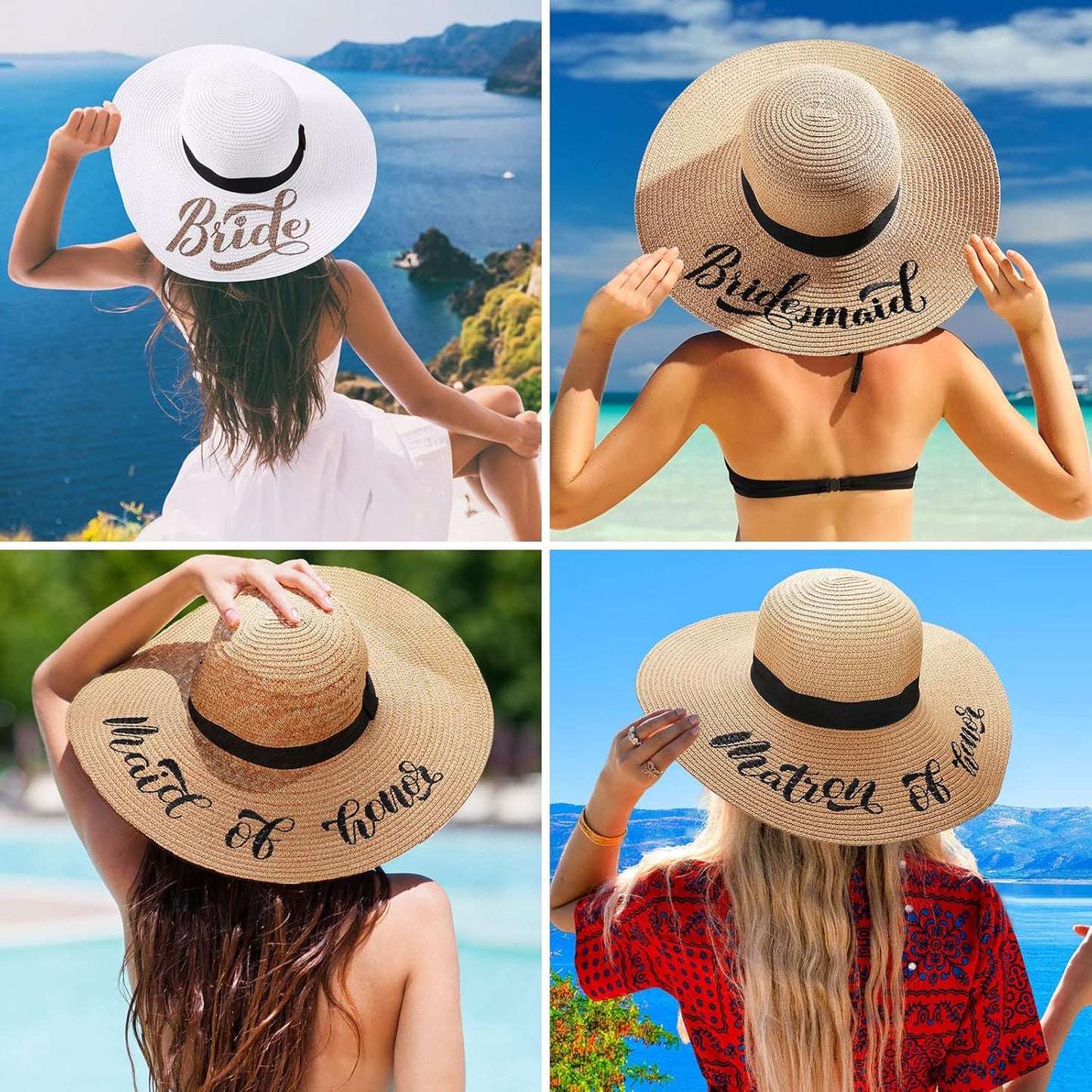 Geyoga 7 Pcs Bride and Bridesmaid Sun Hat Bulk Foldable Floppy Women Hat for Bachelorette Party Gift Honeymoon
