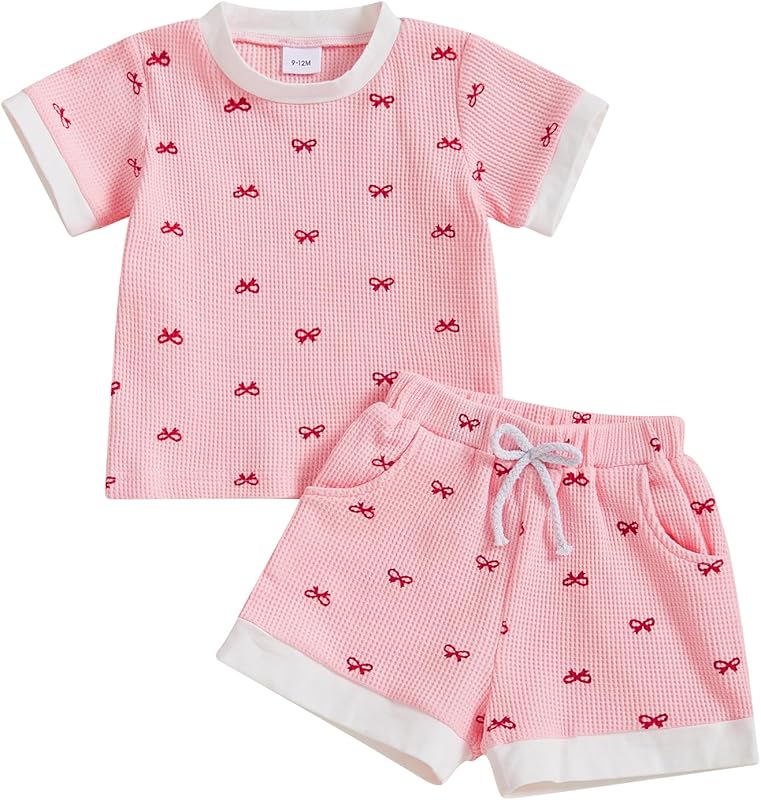 Kayotuas Toddler Baby Girl Summer Clothes 3D Flower Bow Short Sleeve T Shirt Tops Shorts 2Pcs Set Cute Infant Waffle Outfits