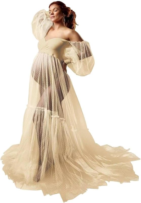 Off Shoulder Tulle Maternity Dress for Photoshoot Puffy Sleeve Wedding Bridal Pregnancy Robe Baby Shower Photography