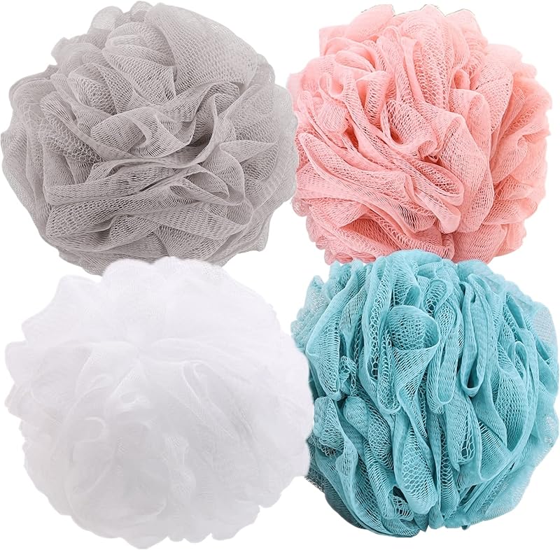 BTYMS 4 Pieces Shower Loofahs Bath Sponges 60g/pcs Mesh Puffs Body Scrub Luffas Bath Scrunchies for Shower Exfoliate