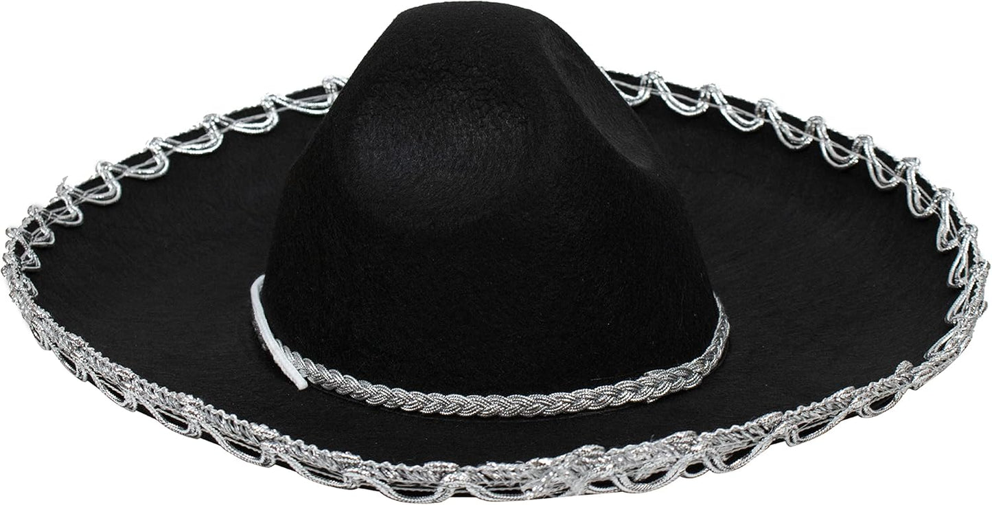 GiftExpress Black Mariachi Sombrero Hat with Silver Trim, Sombrero for Cinco de Mayo, Halloween Costume, Mexican Fiesta Costume