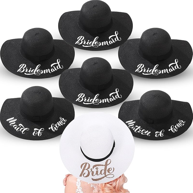 Geyoga 7 Pcs Bride and Bridesmaid Sun Hat Bulk Foldable Floppy Women Hat for Bachelorette Party Gift Honeymoon