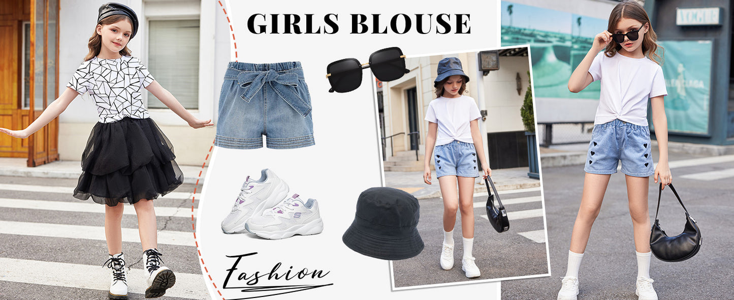 Arshiner Girls T-Shirts Twist Front Kids Summer Printed Round Neck Short Sleeve Tops Casual Fashion Tee Shirt for Girls 5-12 Years