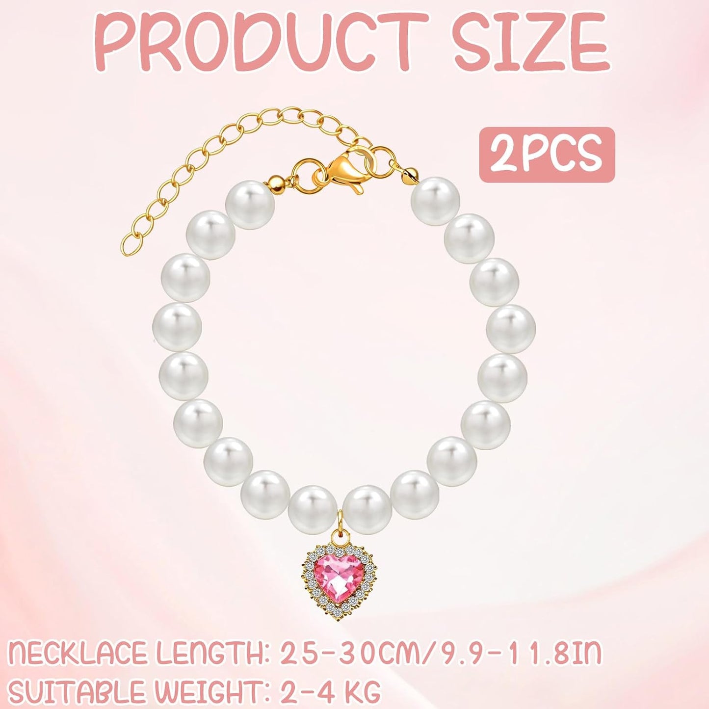 2Pcs Cat Pearl Collar with Heart Shape Pendant Rhinestone Cute Pearl Pet Necklace, Adjustable Size Small Dog Jewelry Accessories for Puppy Girl cat for Wedding Party