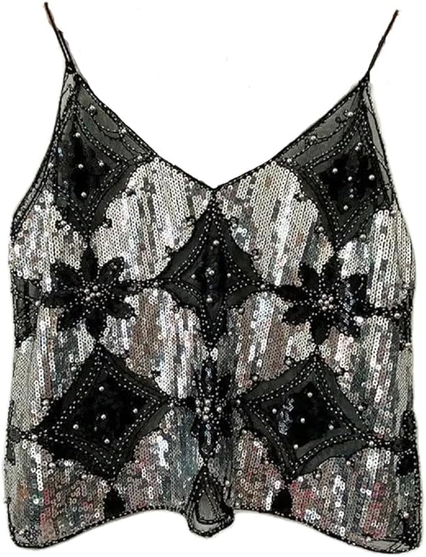 Women Y2K Sequin Cami Top Sexy Sparkly V Neck Tank Top Backless Glitter Crop Tops Floral Rhinestone Clubwear