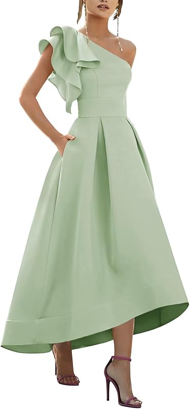 One Shoulder Satin Mother of Bride Dresses 2025 High-Low Ruffle Formal Evening Party Gowns