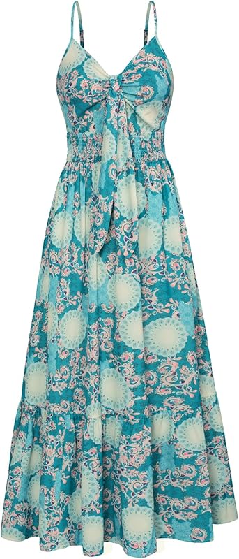 GRACE KARIN Women's 2025 Summer Maxi Dress Floral Tie Front Spaghetti Strap Casual Boho Beach Flowy Sundress with Pockets