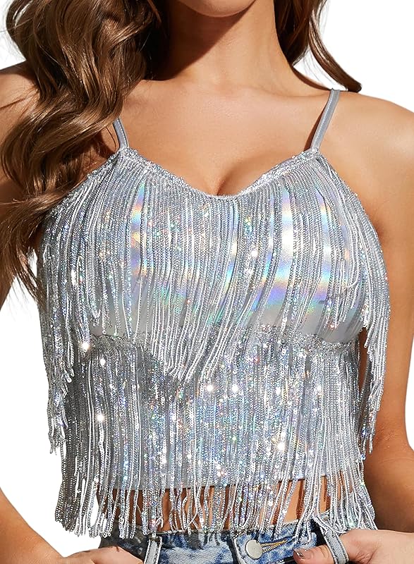 Women Sexy Shiny Metallic Silver Crop Tops Trendy Festivals Rave Halter